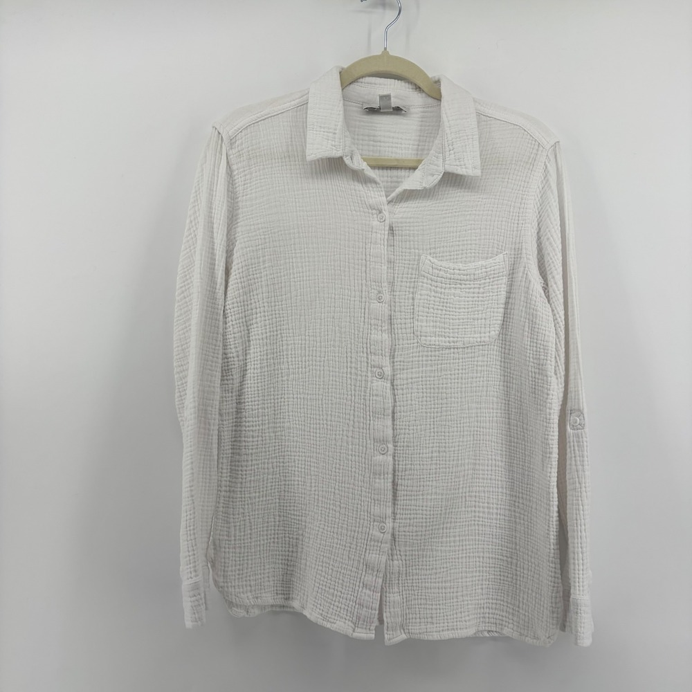 ANNE KLEIN JEANS Womens Gauze Button‎ Down Shirt White Casual Lightweight M